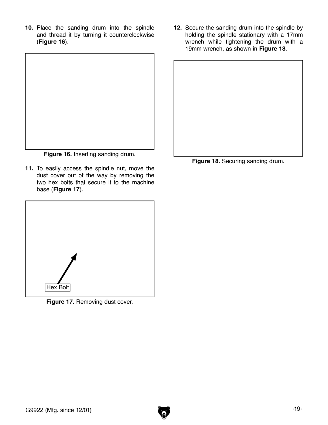 Grizzly G9922 owner manual Securing sanding drum 