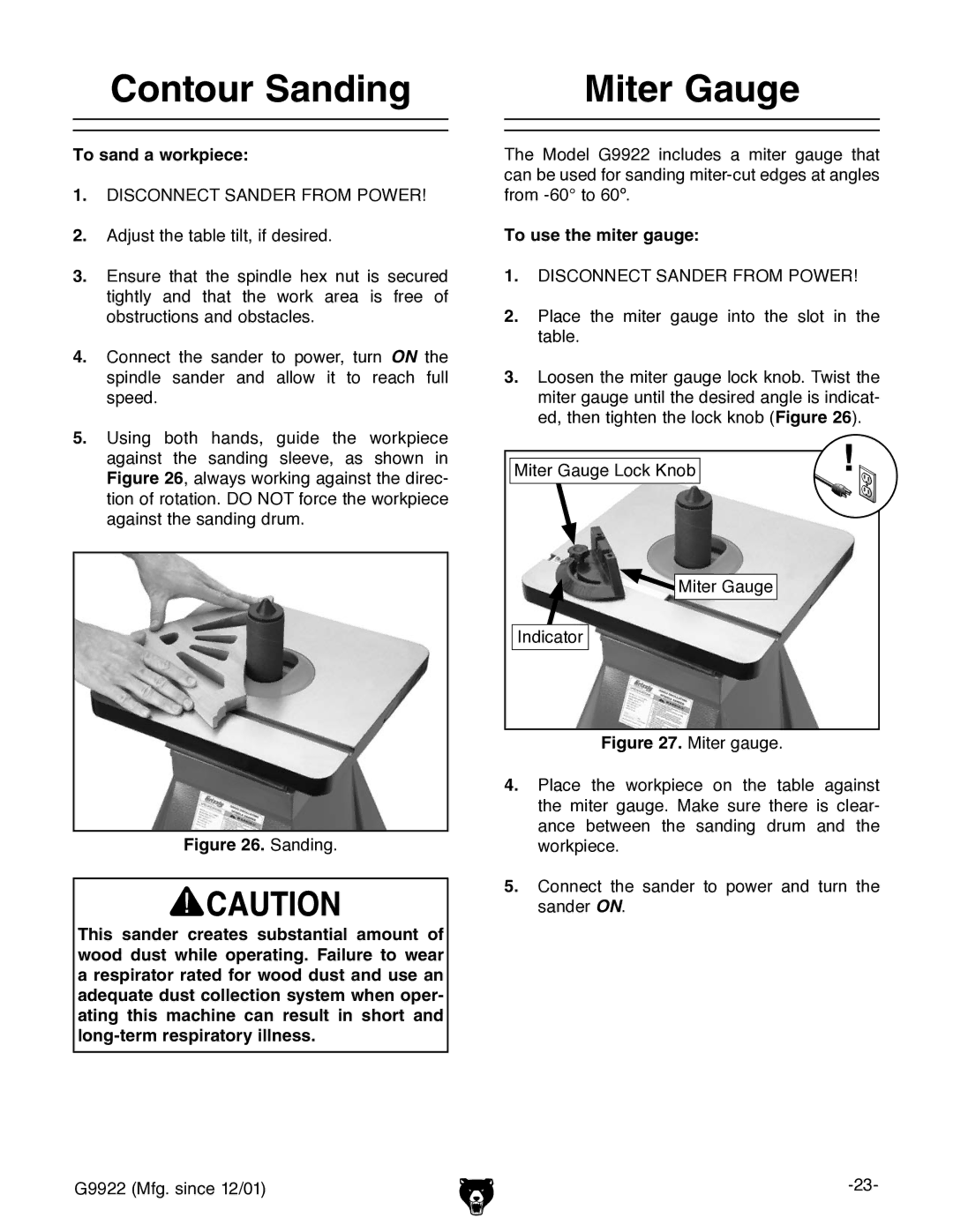 Grizzly G9922 owner manual Contour Sanding, Miter Gauge, To sand a workpiece, To use the miter gauge 