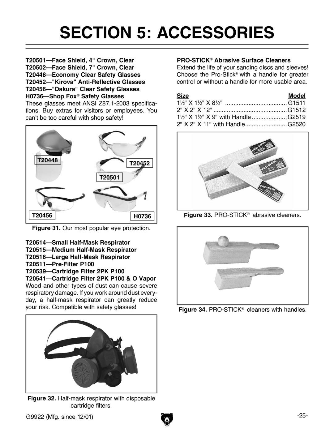 Grizzly G9922 owner manual Accessories, T20448T20452 T20501 T20456 H0736, Size Model 