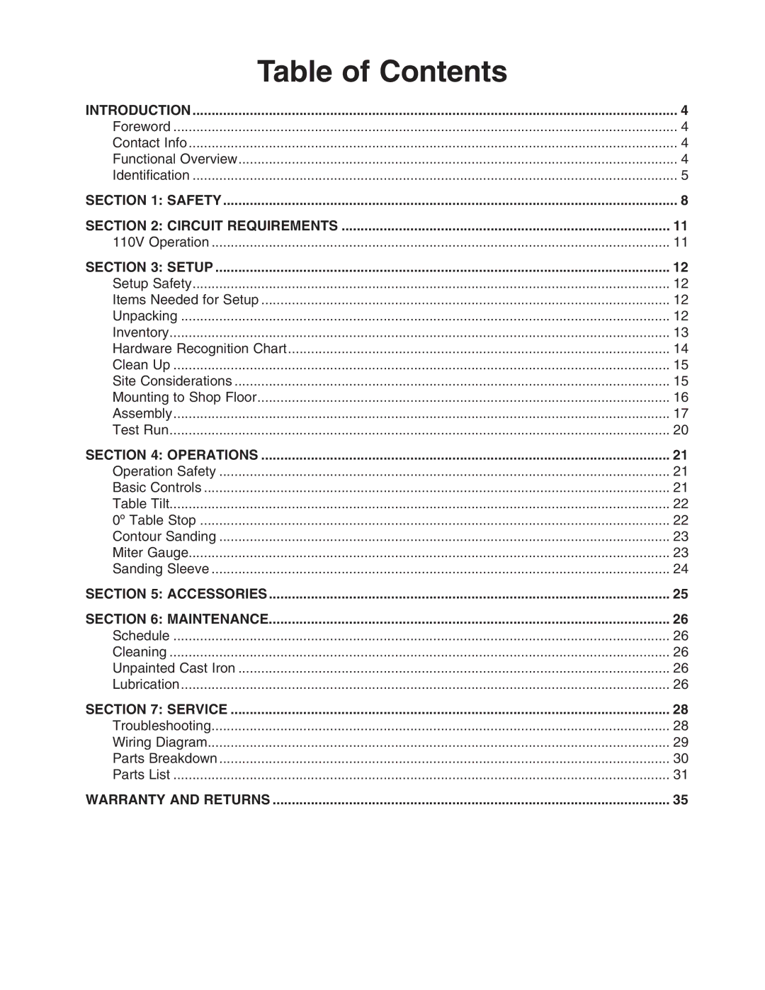 Grizzly G9922 owner manual Table of Contents 