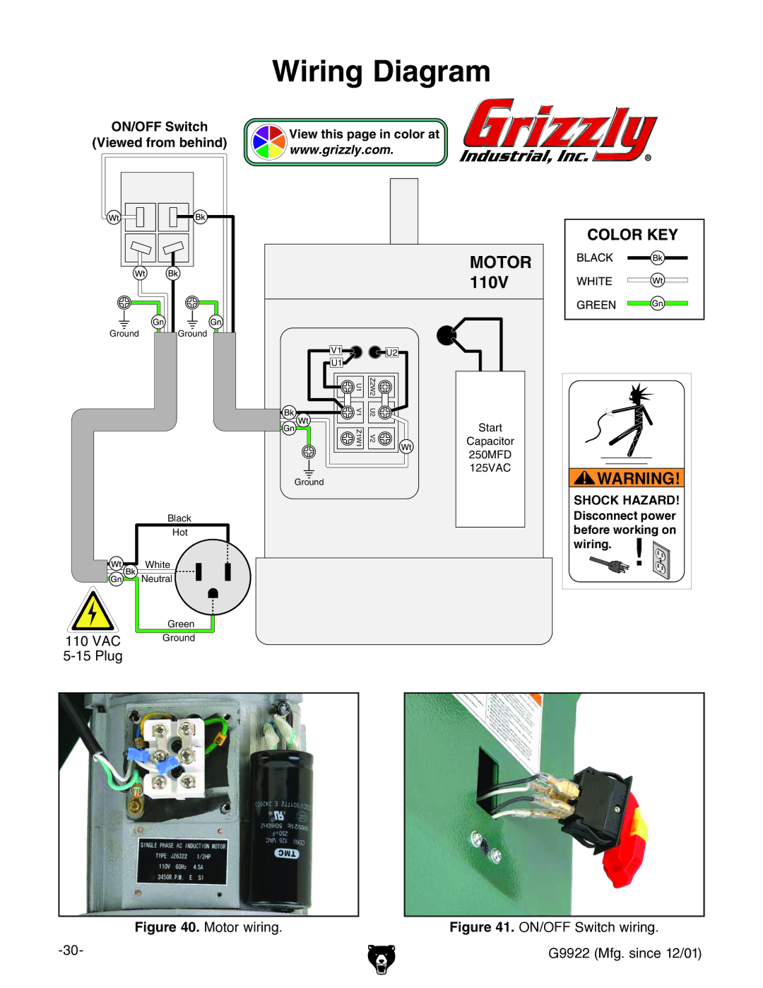 Grizzly G9922 owner manual Wiring Diagram, Motor 