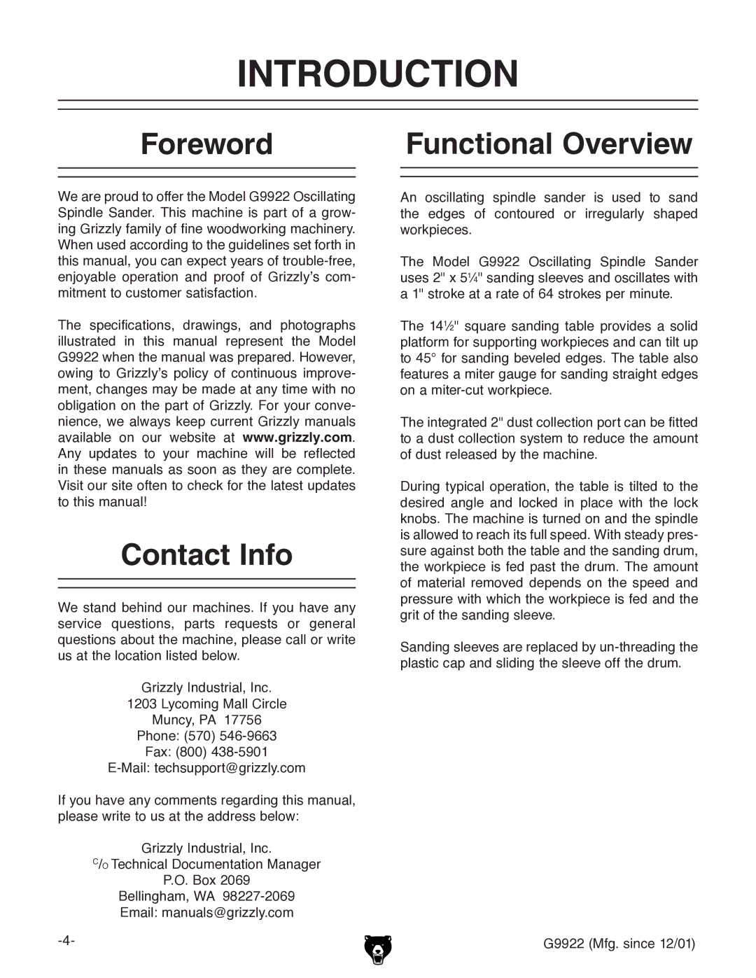 Grizzly G9922 owner manual Introduction, Foreword Functional Overview, Contact Info 