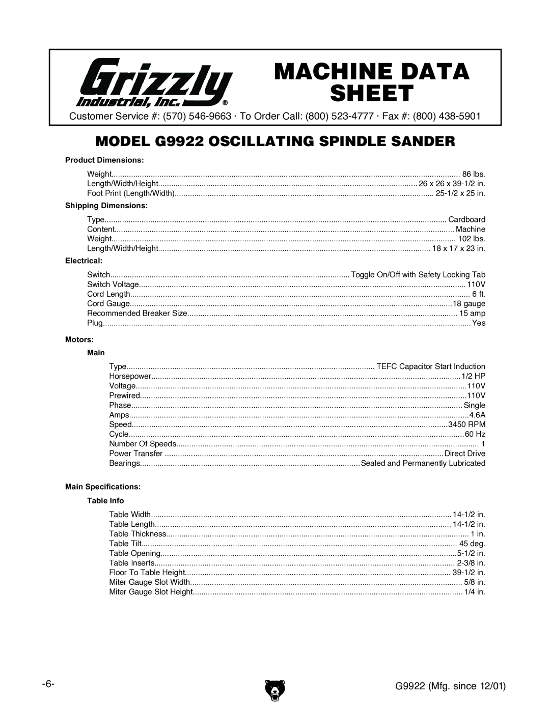 Grizzly G9922 owner manual Machine Data Sheet 