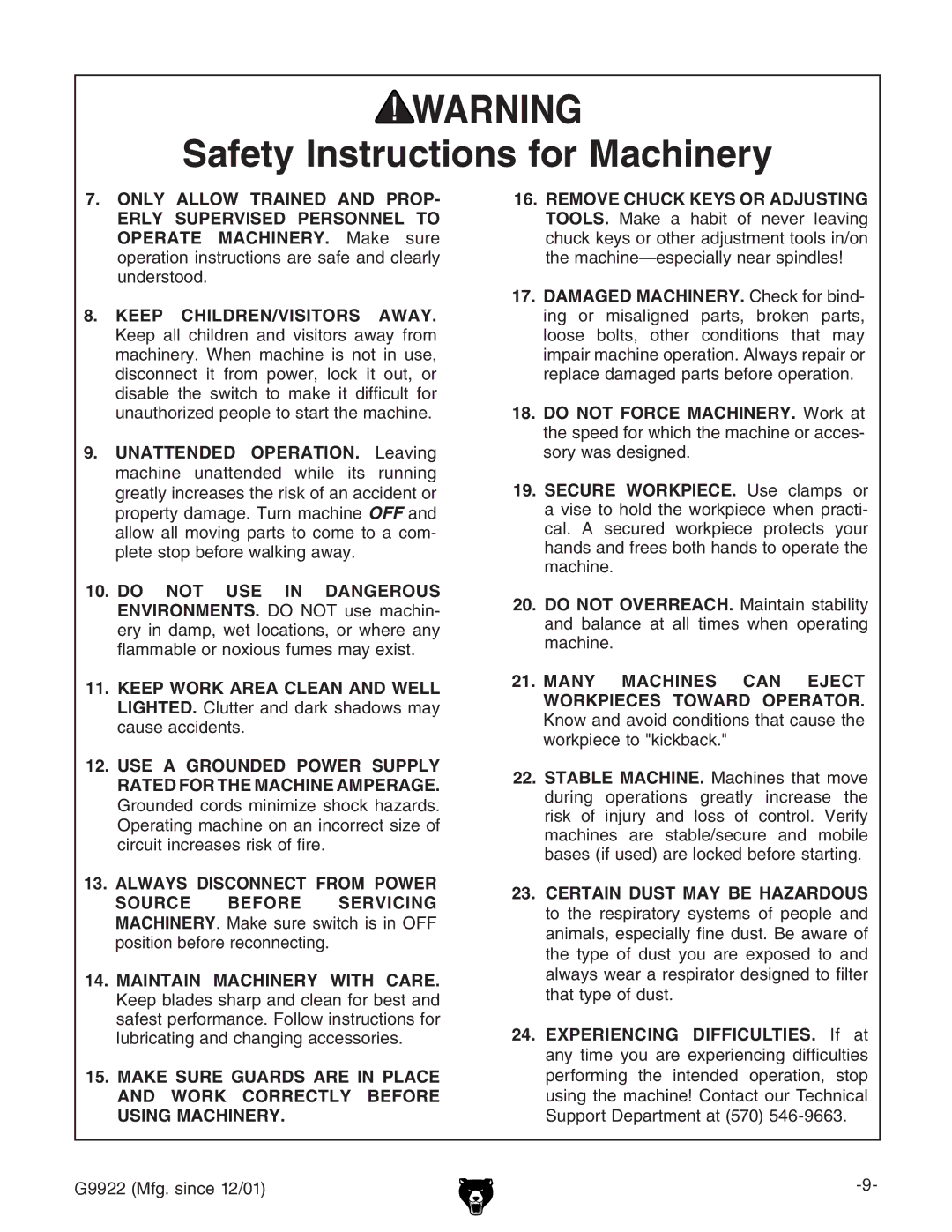 Grizzly G9922 owner manual Keep CHILDREN/VISITORS Away 