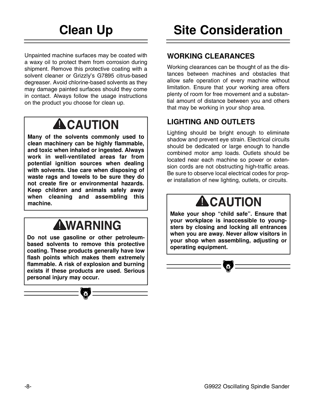 Grizzly G9922 instruction manual Clean Up, Site Consideration 