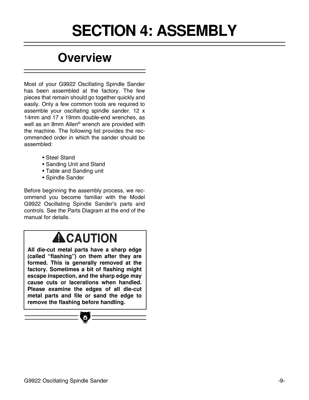 Grizzly G9922 instruction manual Assembly, Overview 