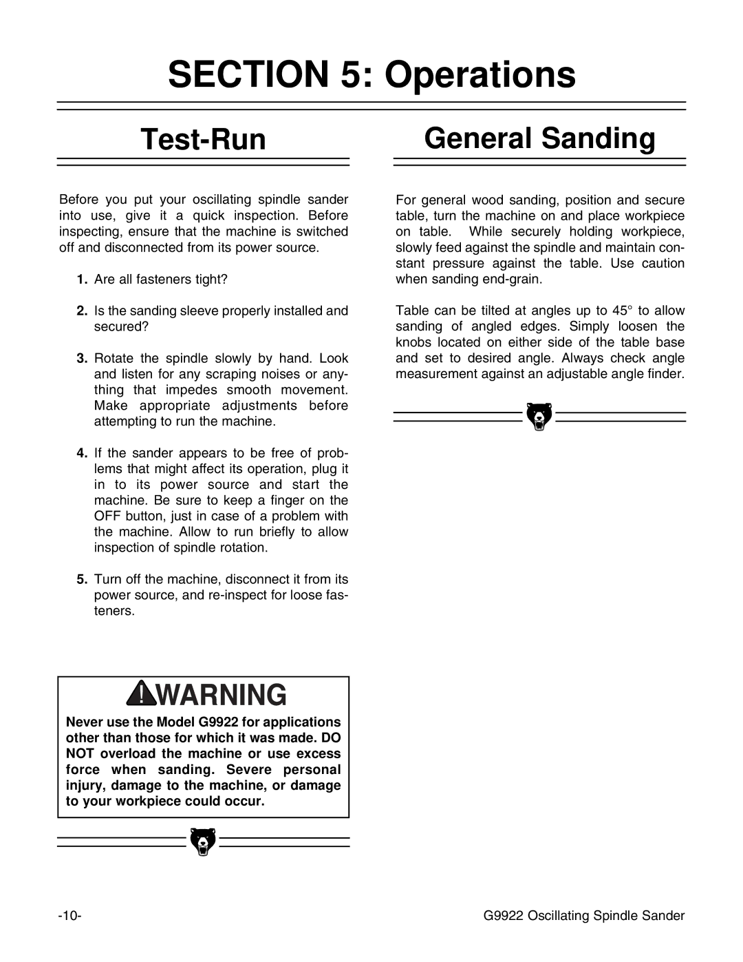 Grizzly G9922 instruction manual Test-Run, General Sanding 