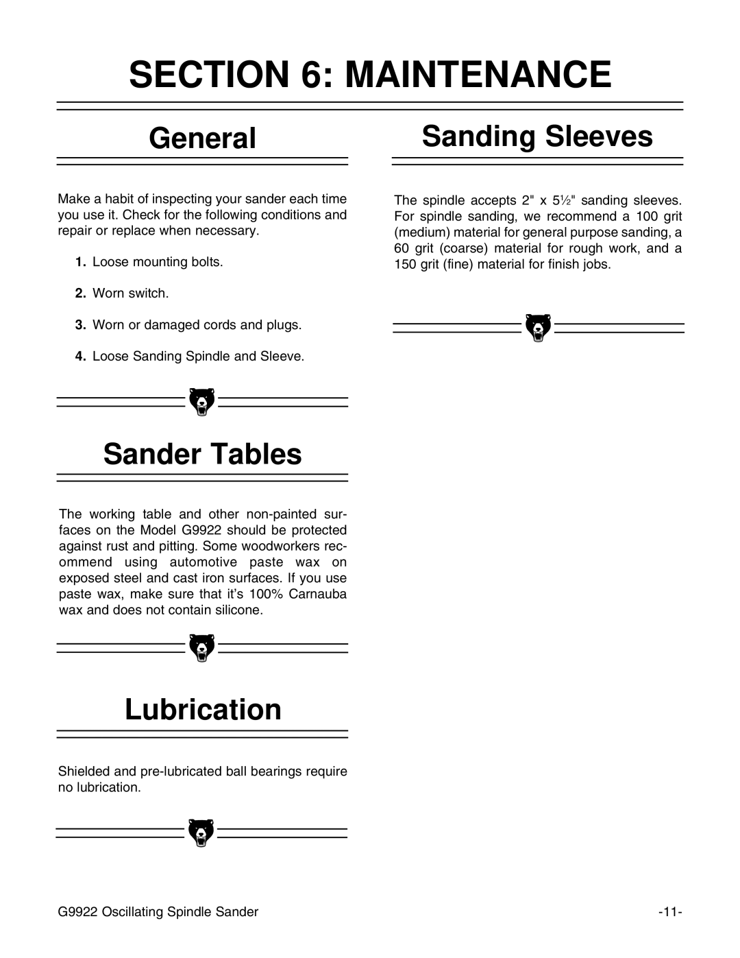 Grizzly G9922 instruction manual Maintenance, General, Sander Tables, Lubrication, Sanding Sleeves 