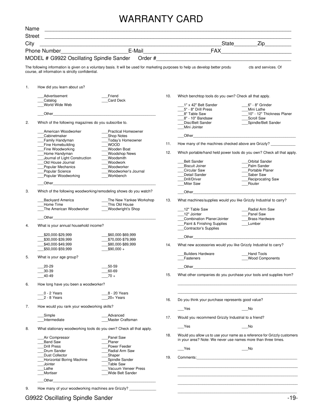 Grizzly G9922 instruction manual Warranty Card 