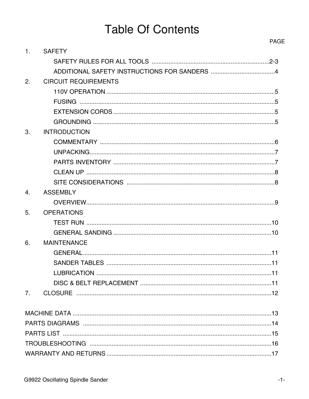 Grizzly G9922 instruction manual Table Of Contents 