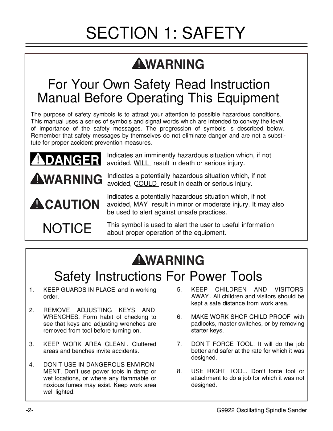 Grizzly G9922 instruction manual Safety Instructions For Power Tools 