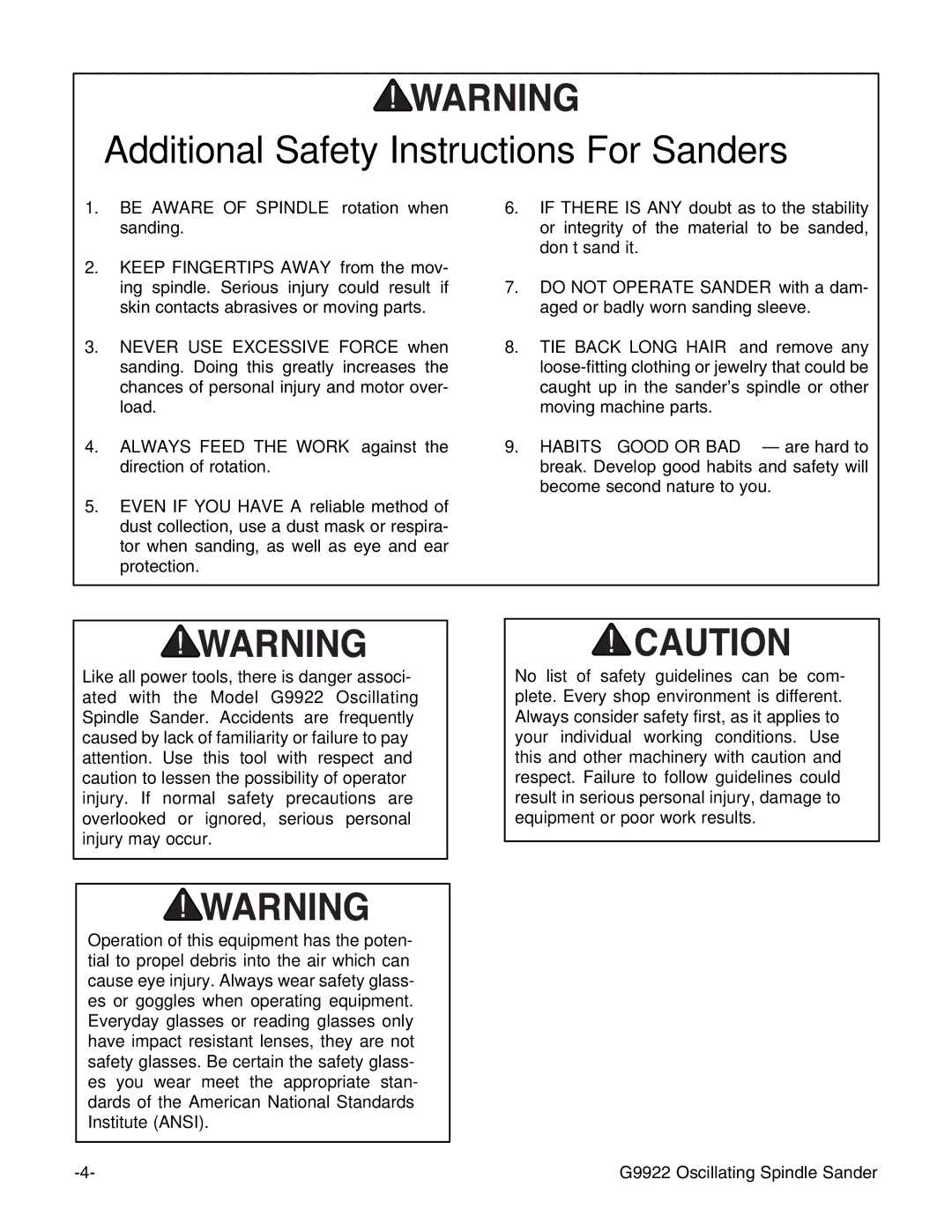 Grizzly G9922 instruction manual Additional Safety Instructions For Sanders 