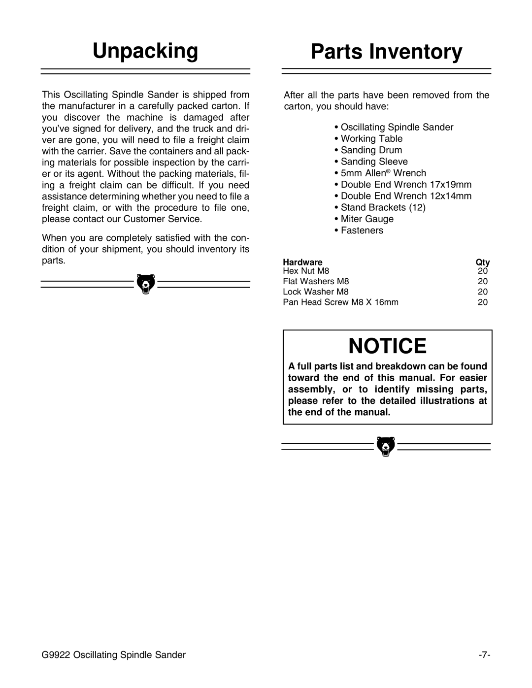 Grizzly G9922 instruction manual Unpacking, Parts Inventory 