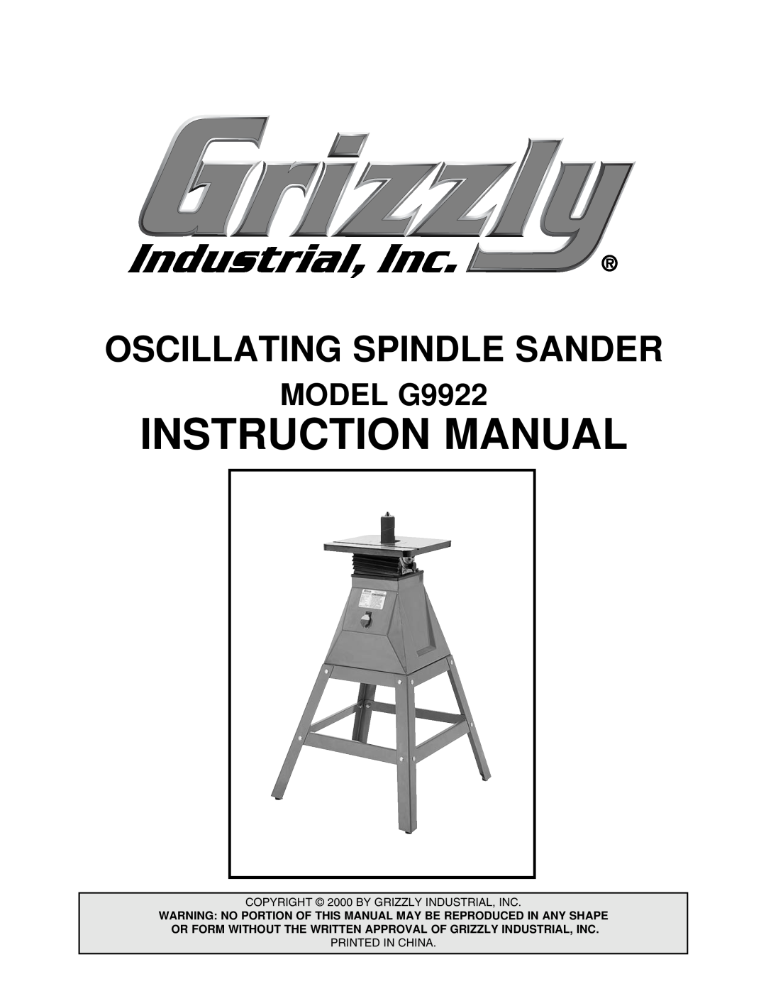 Grizzly instruction manual MODEL G9922, Oscillating Spindle Sander 