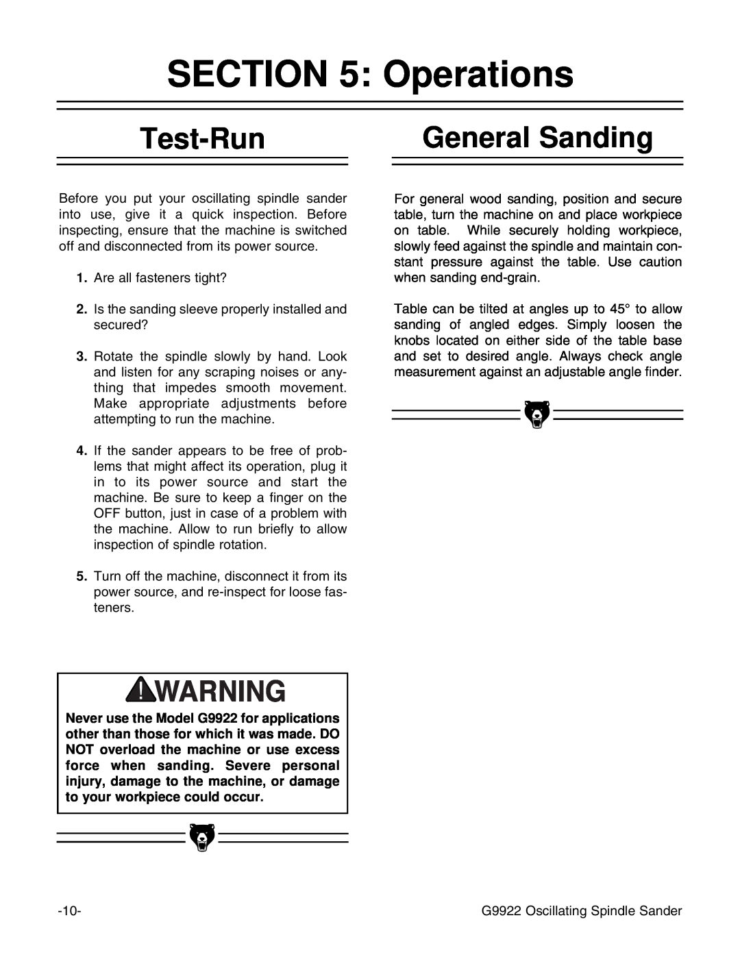Grizzly G9922 instruction manual Operations, Test-Run, General Sanding 