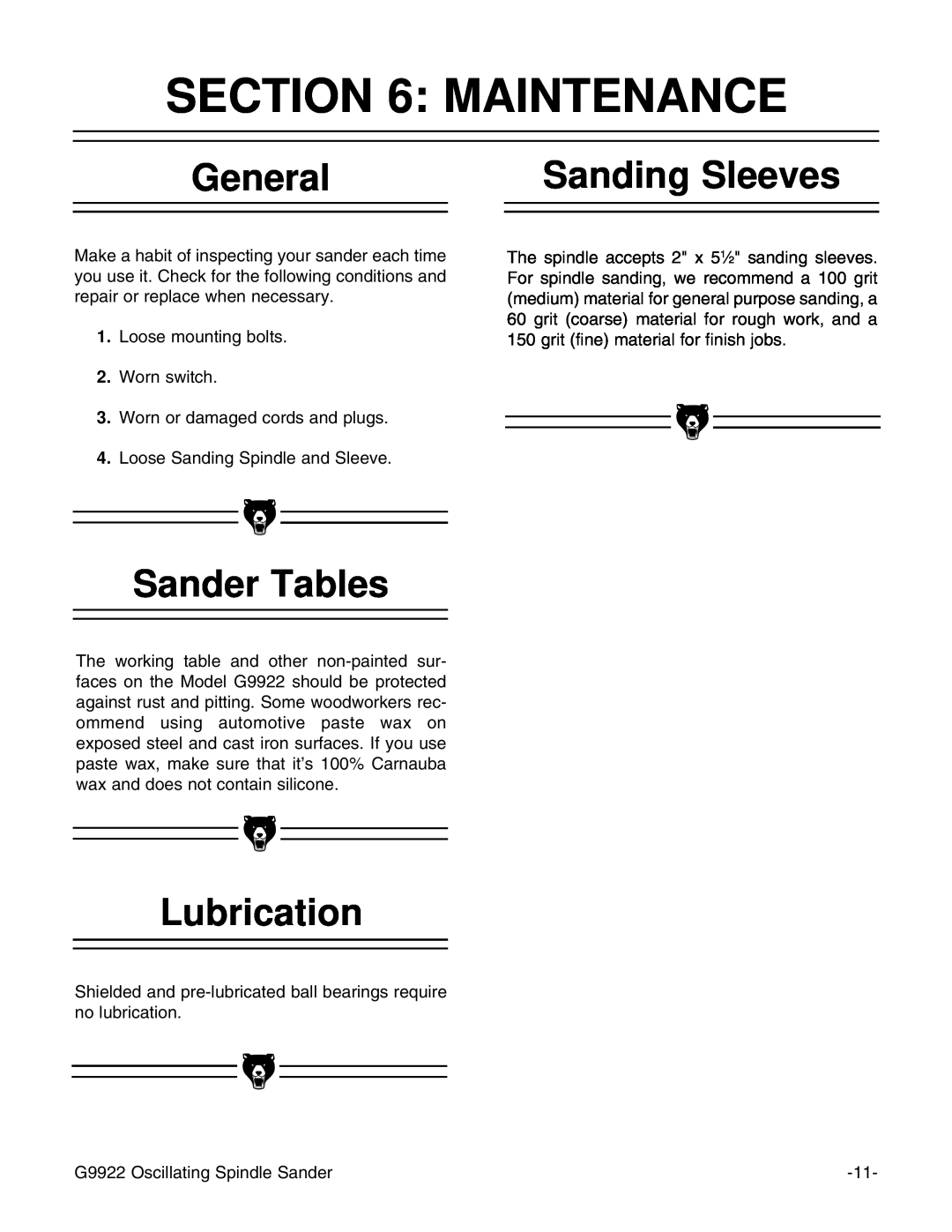 Grizzly G9922 instruction manual Maintenance, General, Sander Tables, Lubrication, Sanding Sleeves 