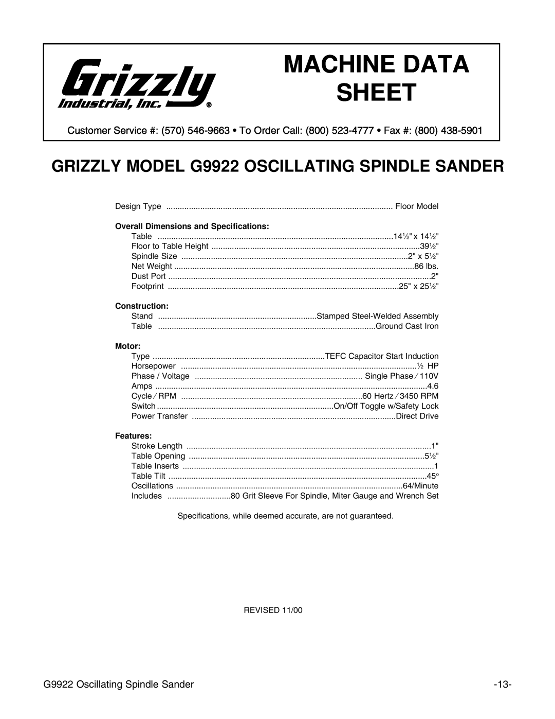 Grizzly GRIZZLY MODEL G9922 OSCILLATING SPINDLE SANDER, Machine Data Sheet, Overall Dimensions and Specifications 