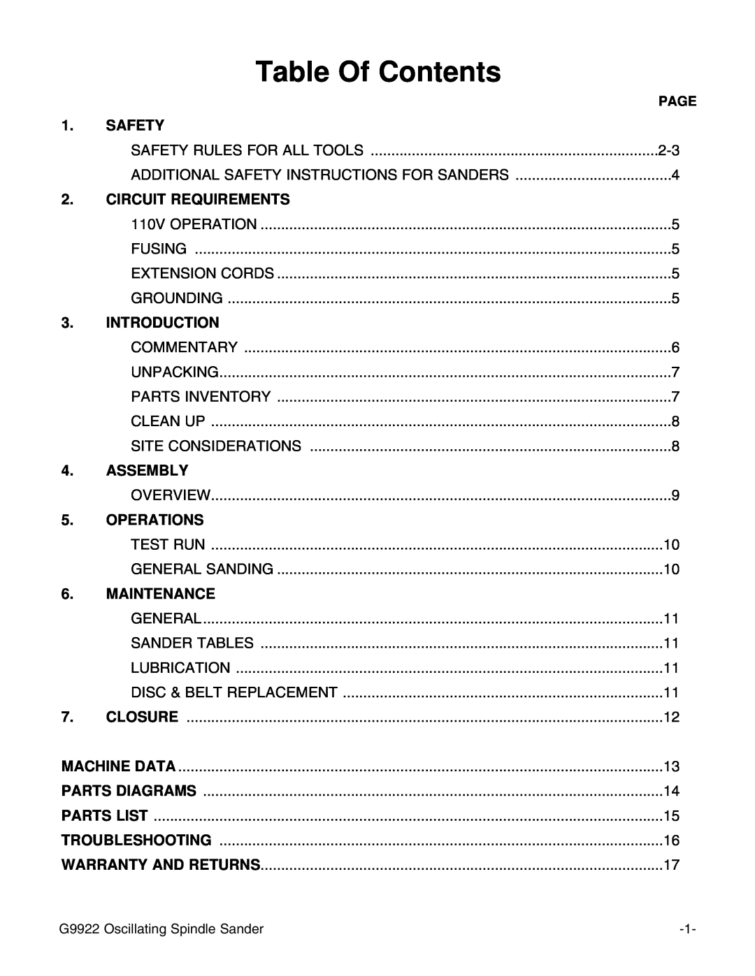 Grizzly G9922 instruction manual Table Of Contents 