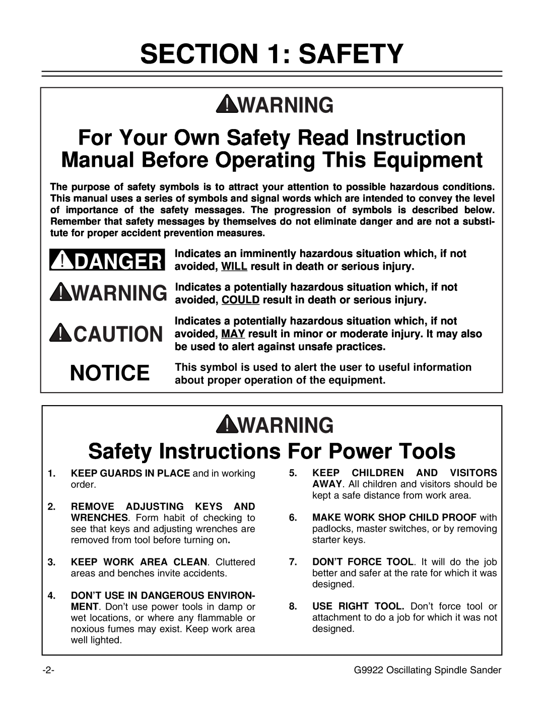 Grizzly G9922 instruction manual Safety Instructions For Power Tools 