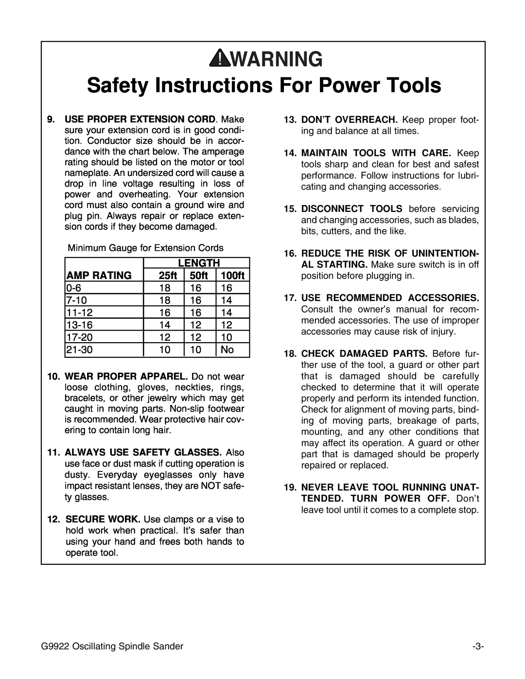 Grizzly G9922 instruction manual Safety Instructions For Power Tools, Length, Amp Rating, 25ft, 50ft, 100ft 