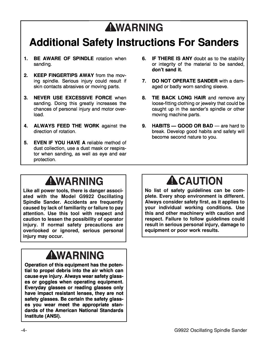 Grizzly G9922 instruction manual Additional Safety Instructions For Sanders 