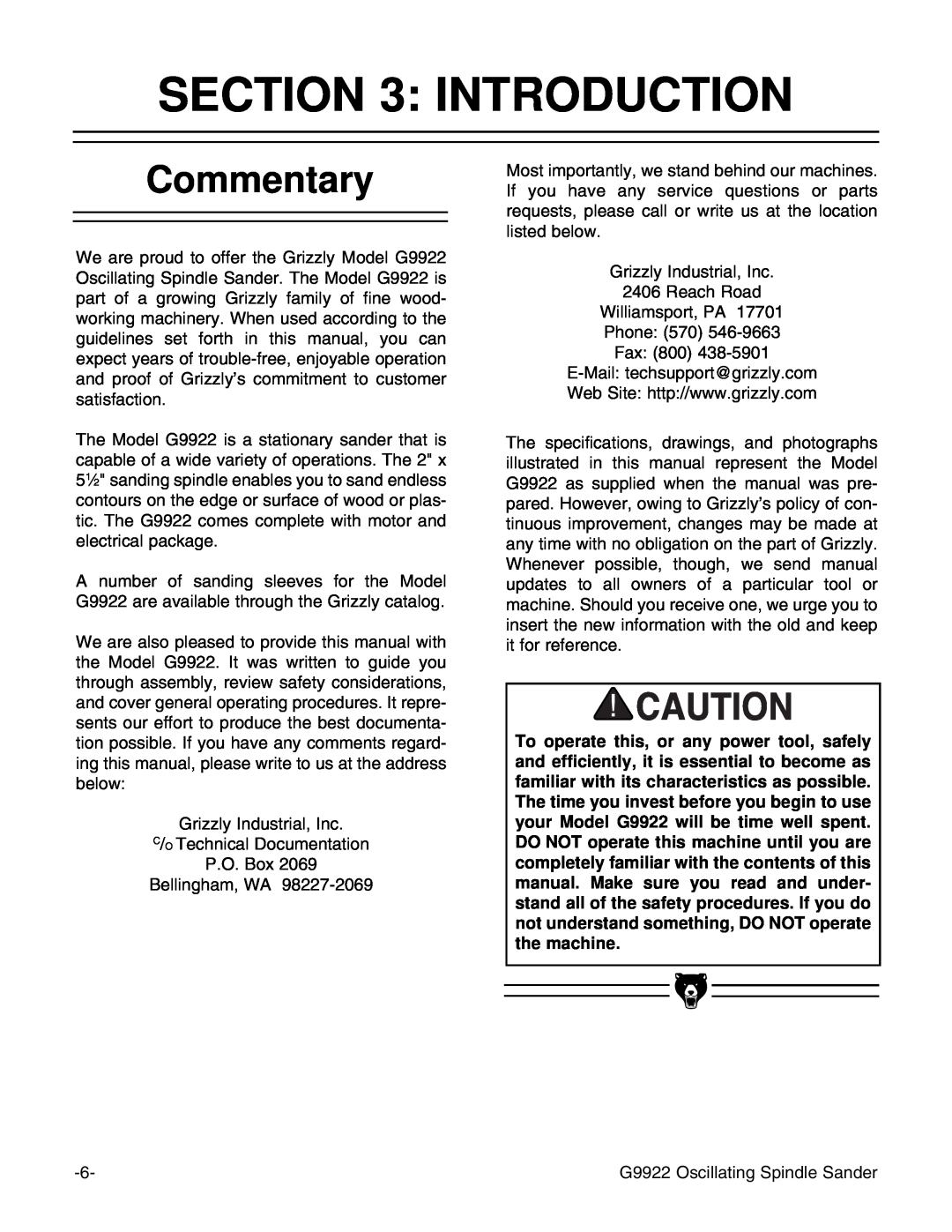 Grizzly G9922 instruction manual Introduction, Commentary 