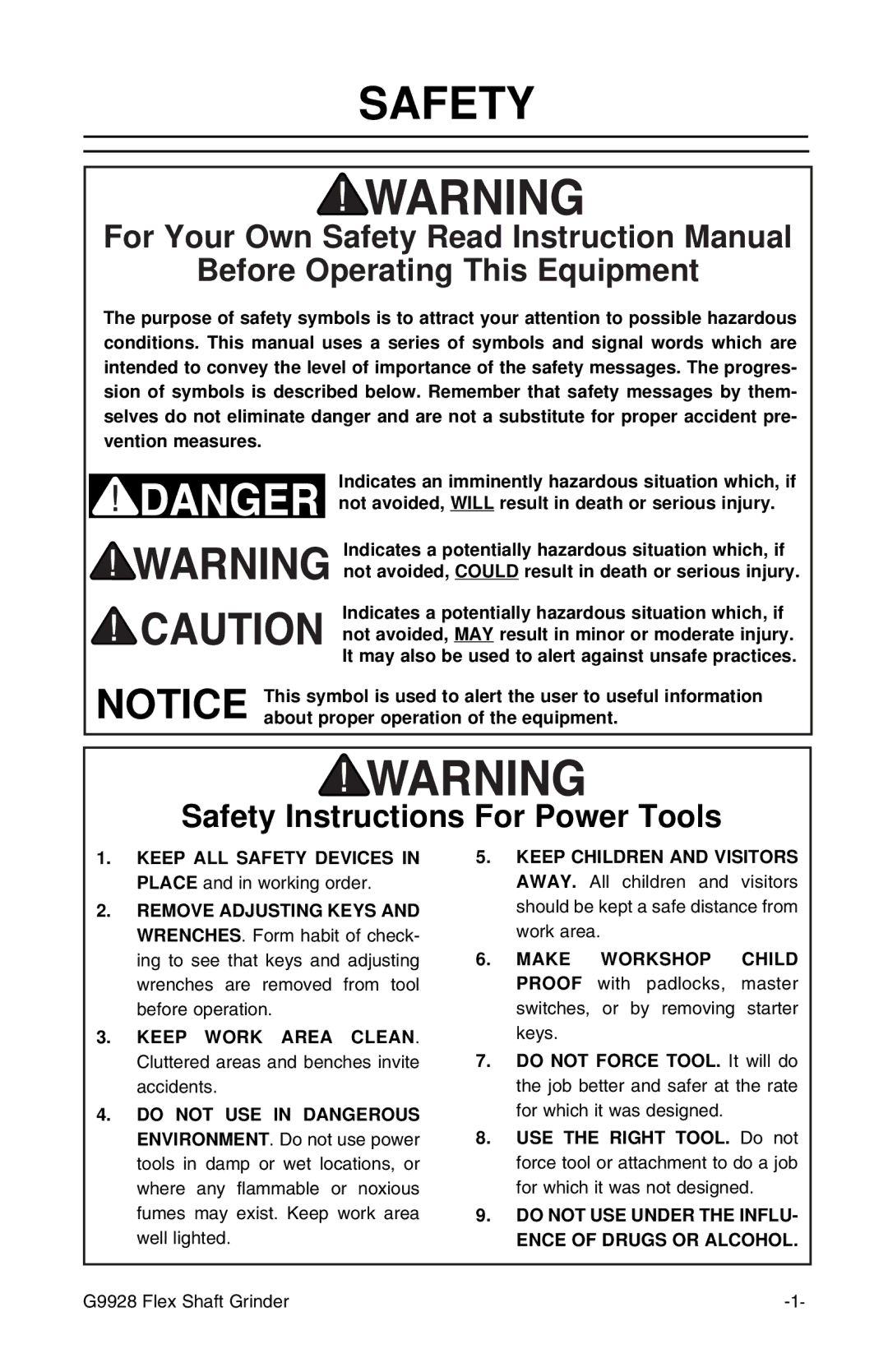 Grizzly G9928 instruction manual Safety, Do not USE Under the INFLU- Ence of Drugs or Alcohol 