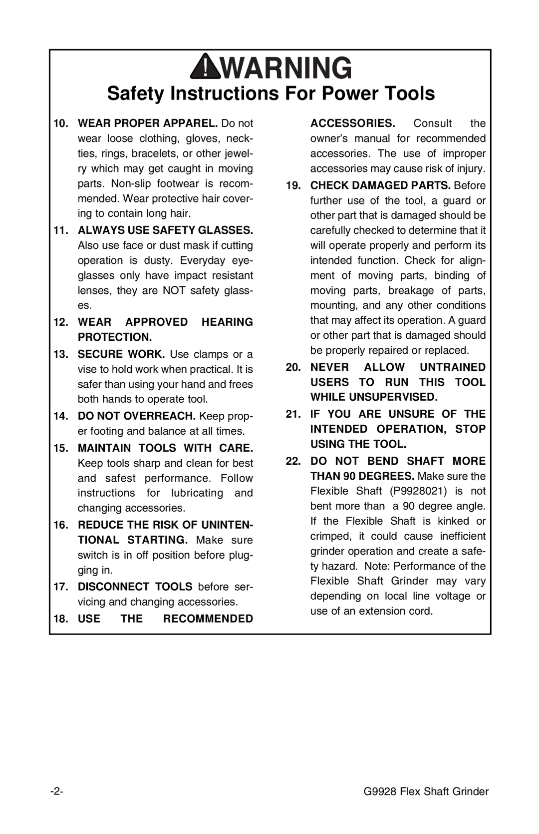 Grizzly G9928 instruction manual Wear Approved Hearing Protection, USE the Recommended 