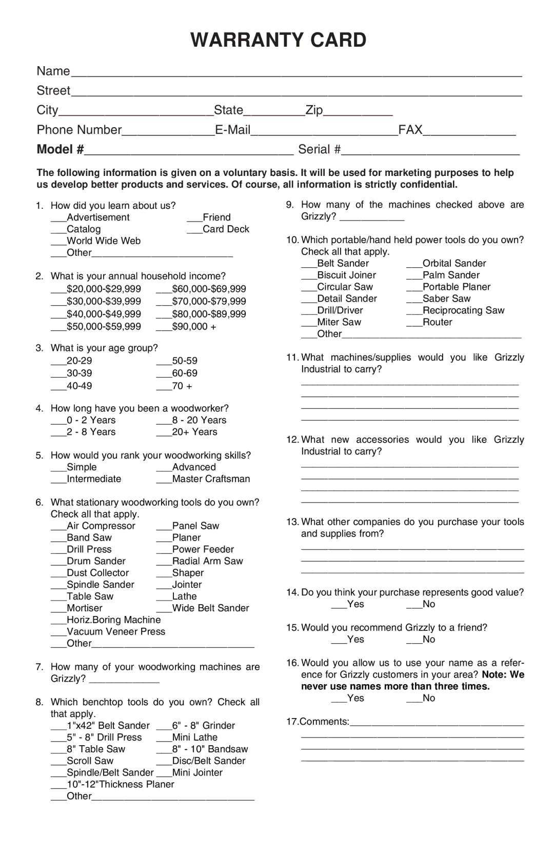 Grizzly G9928 instruction manual Warranty Card 