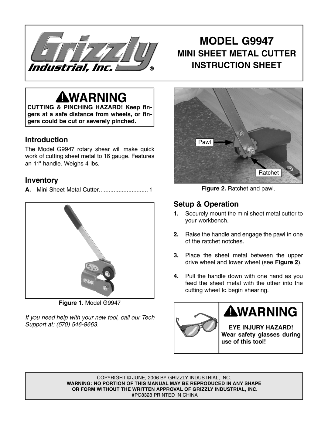 Grizzly instruction sheet Model G9947, Mini Sheet Metal Cutter, Instruction Sheet 