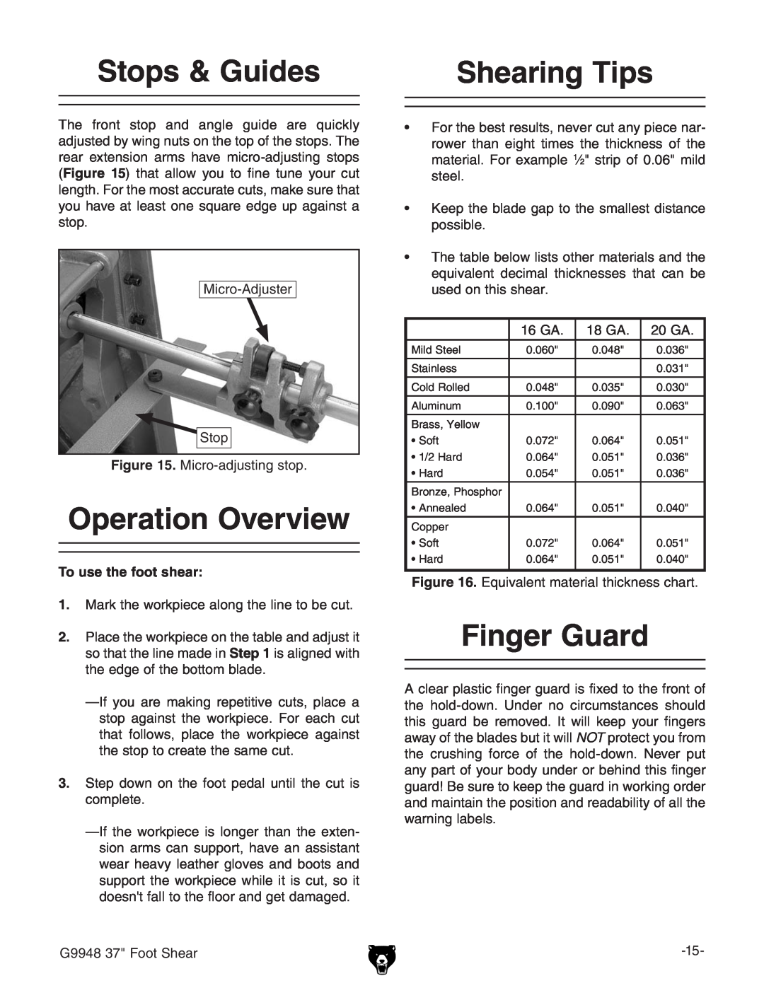 Grizzly G9948 Stops & Guides, Operation Overview, Shearing Tips, Finger Guard, BXgd6YjhiZg Hide .BXgdVYjhic\hide#, +6# 
