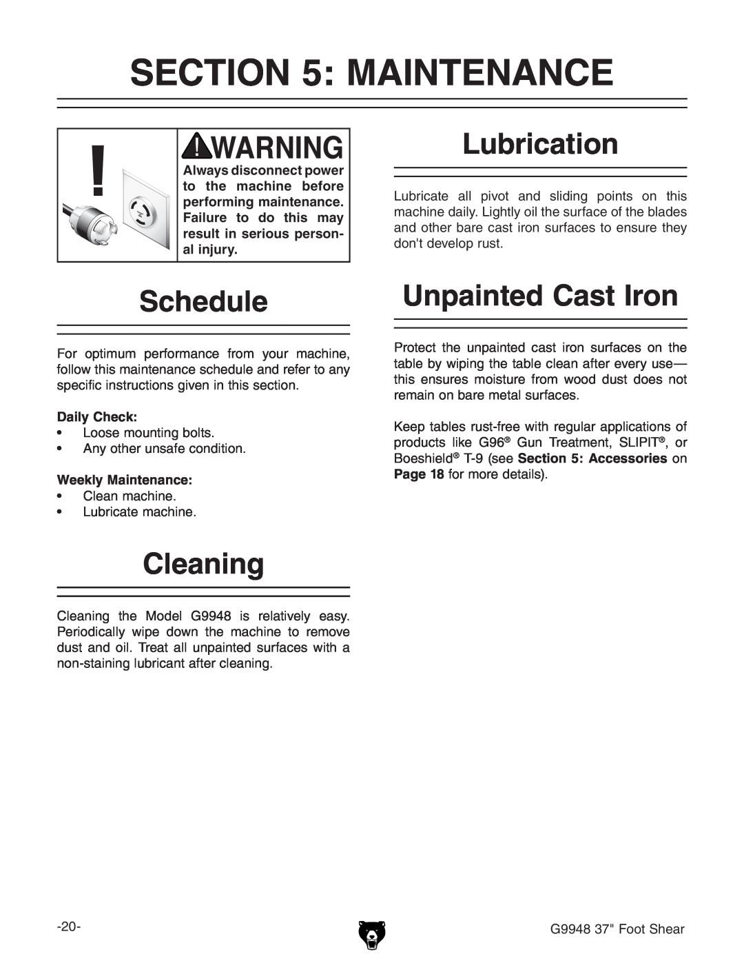 Grizzly G9948 owner manual Maintenance, Lubrication, Schedule, Unpainted Cast Iron, Cleaning, Daily Check, ,ddiHZVg 