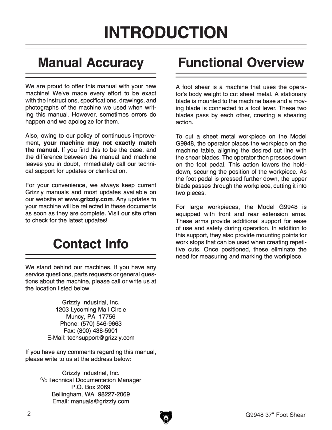 Grizzly G9948 owner manual Introduction, Manual Accuracy, Functional Overview, Contact Info, ,ddiHZVg 