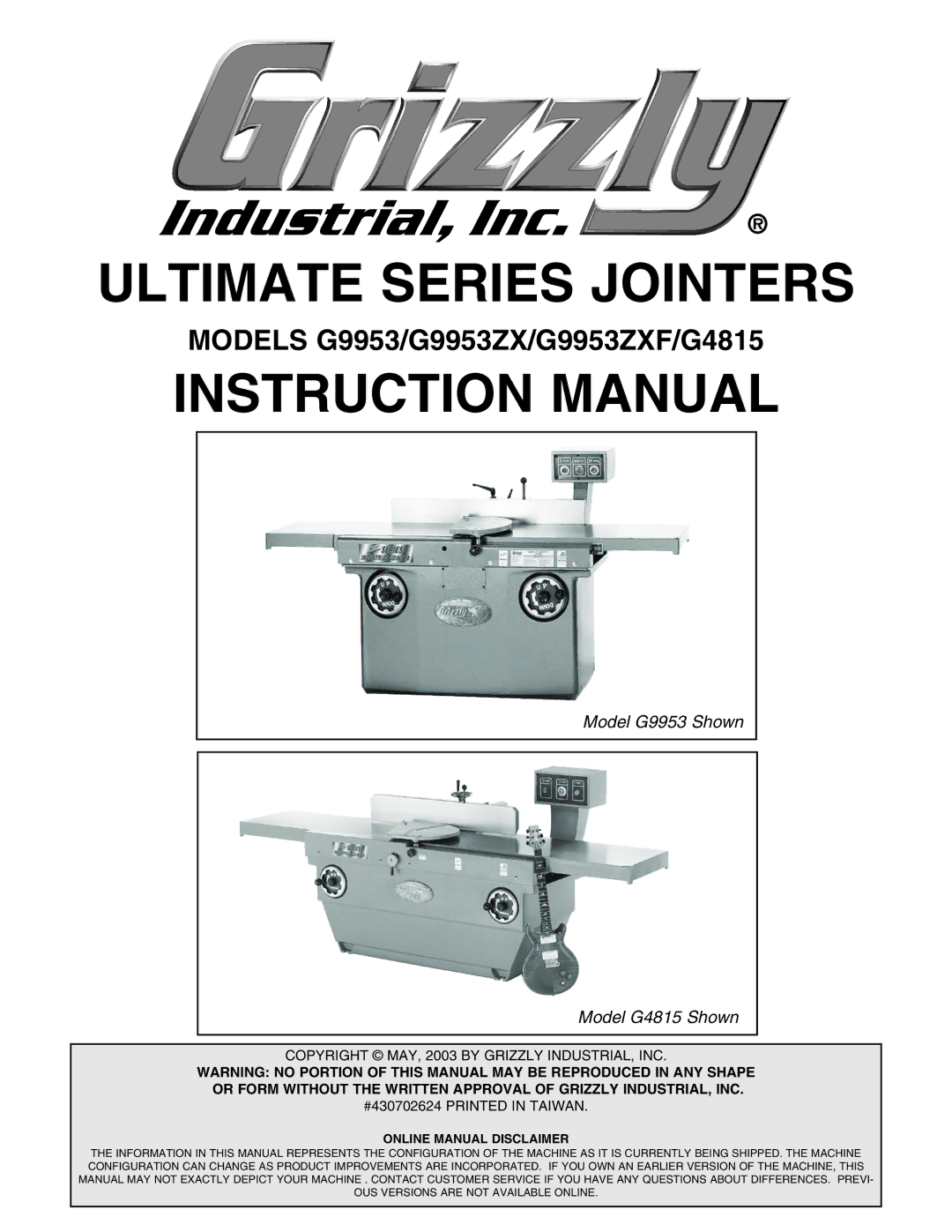 Grizzly G4815, G9953ZXF instruction manual Ultimate Series Jointers 