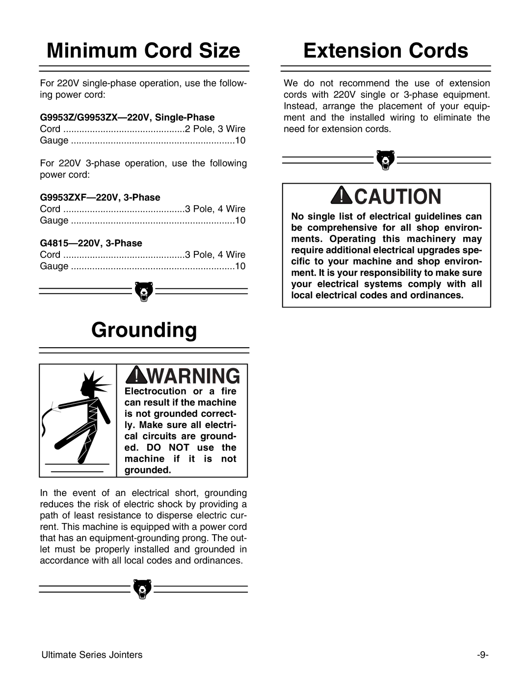 Grizzly G9953ZXF, G4815 instruction manual Minimum Cord Size, Grounding, Extension Cords 