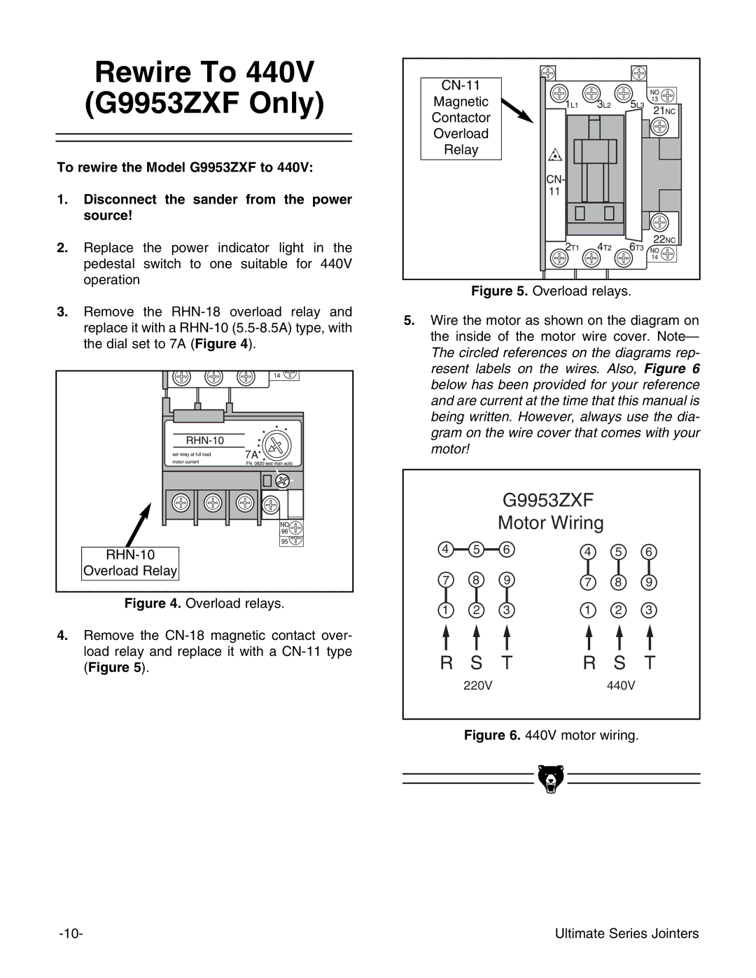 Grizzly G4815 instruction manual Rewire To 440V G9953ZXF Only, Motor wiring Ultimate Series Jointers 