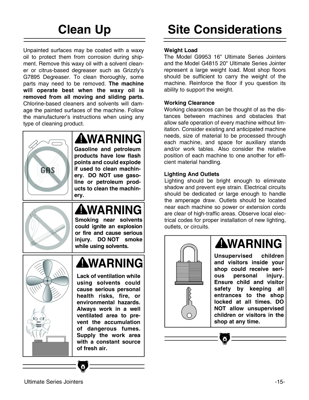 Grizzly G4815, G9953ZXF Clean Up, Site Considerations, Weight Load, Working Clearance, Lighting And Outlets 