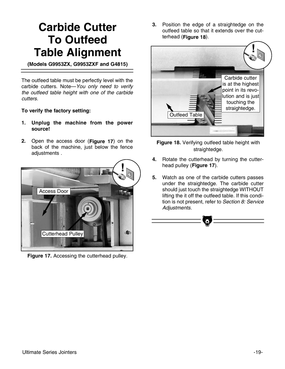 Grizzly instruction manual Carbide Cutter To Outfeed Table Alignment, Models G9953ZX, G9953ZXF and G4815 