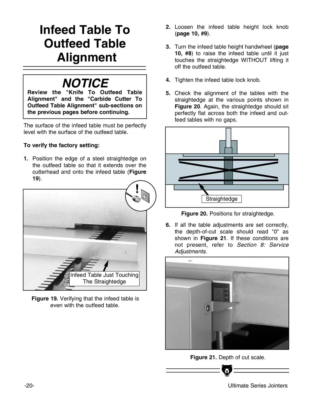 Grizzly G9953ZXF, G4815 instruction manual Infeed Table To Outfeed Table Alignment, To verify the factory setting 