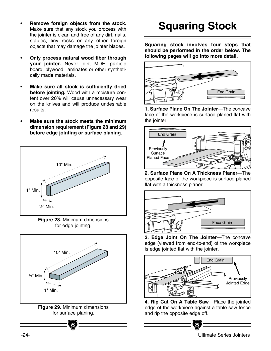 Grizzly G9953ZXF, G4815 instruction manual Squaring Stock, Minimum dimensions For edge jointing 