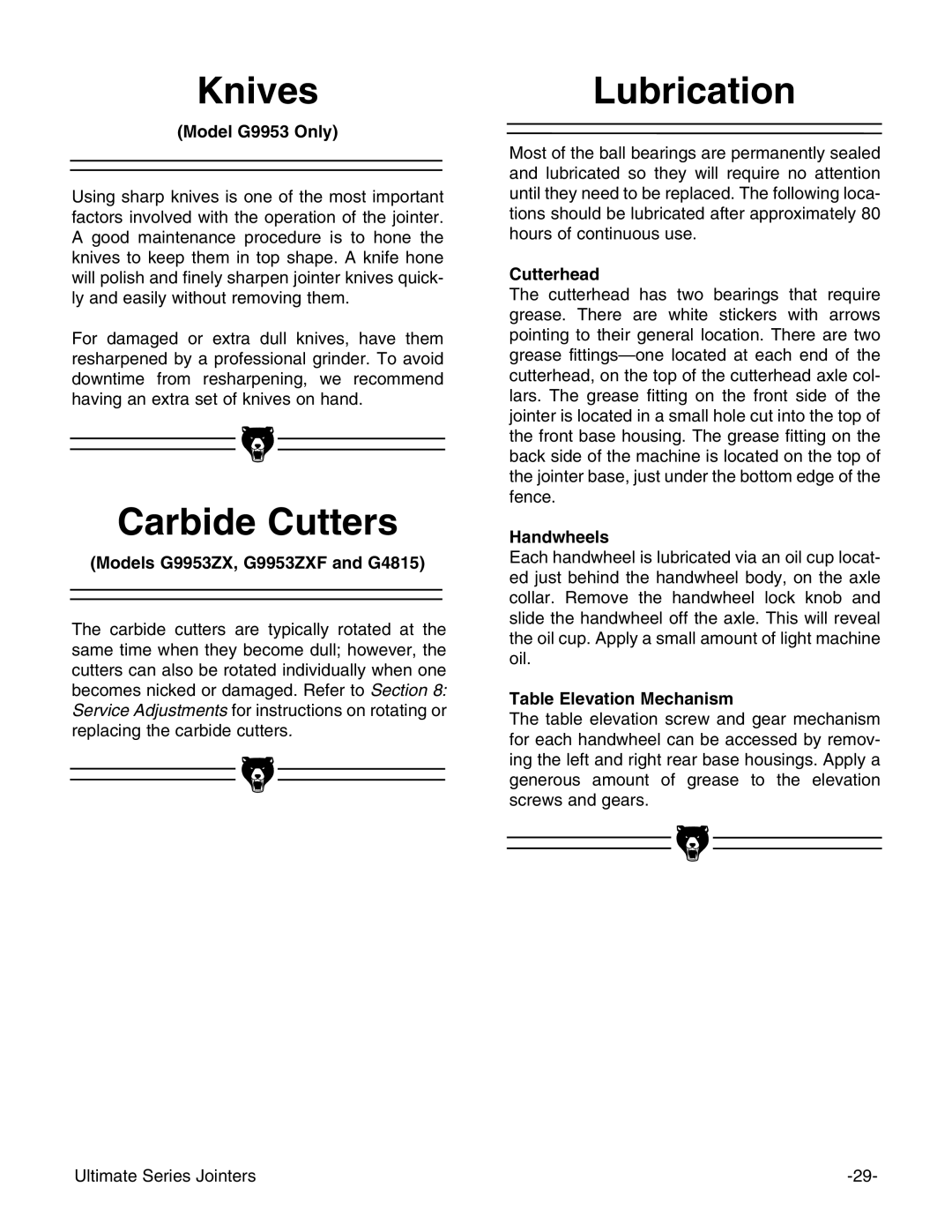 Grizzly G9953ZXF, G4815 instruction manual Knives, Carbide Cutters, Lubrication, Handwheels, Table Elevation Mechanism 