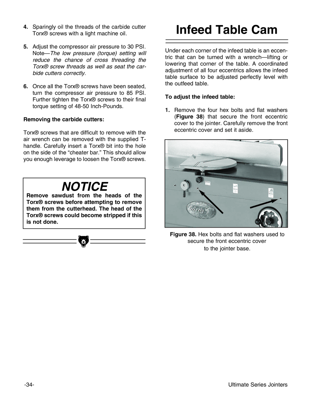 Grizzly G9953ZXF, G4815 instruction manual Infeed Table Cam, Removing the carbide cutters, To adjust the infeed table 