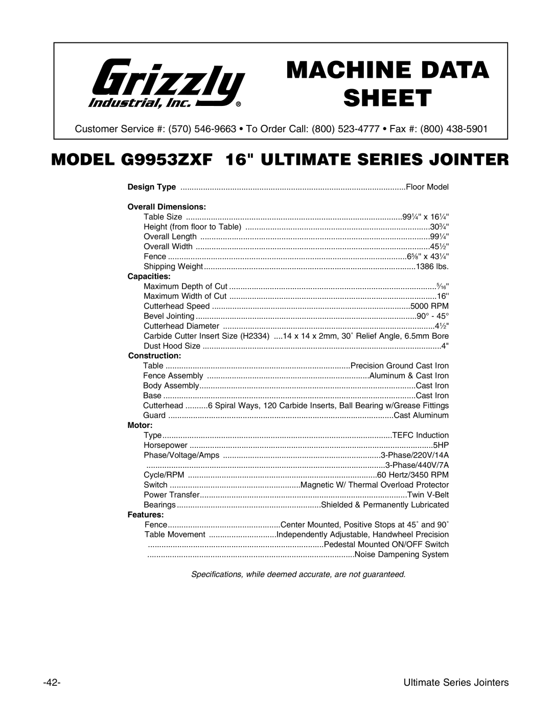 Grizzly G4815 instruction manual Model G9953ZXF 16 Ultimate Series Jointer 