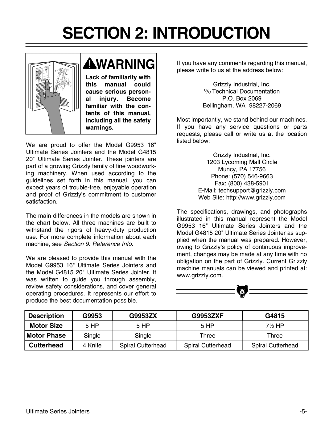 Grizzly G9953ZXF, G4815 instruction manual Introduction, Cutterhead 