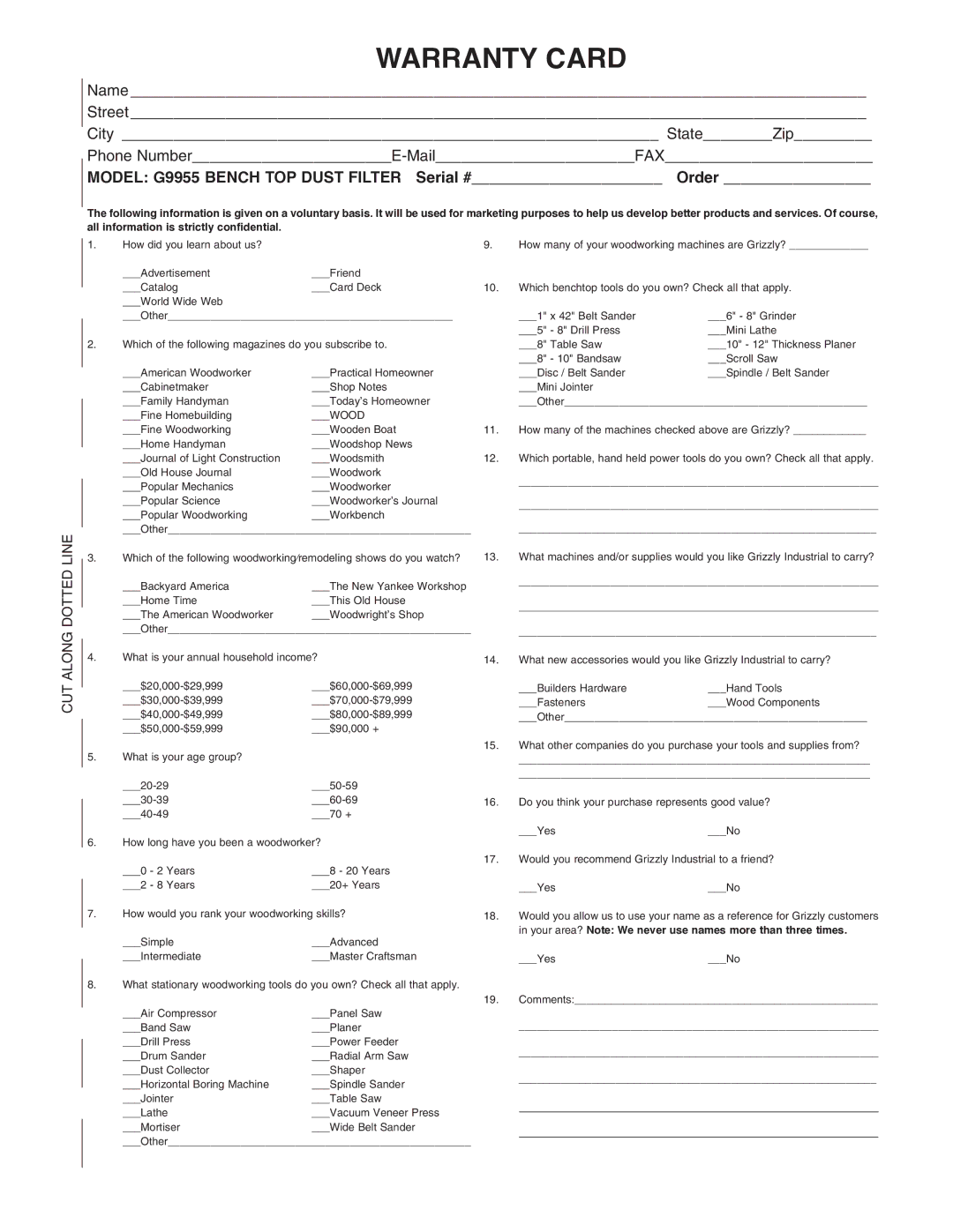 Grizzly G9955 instruction manual Warranty Card 