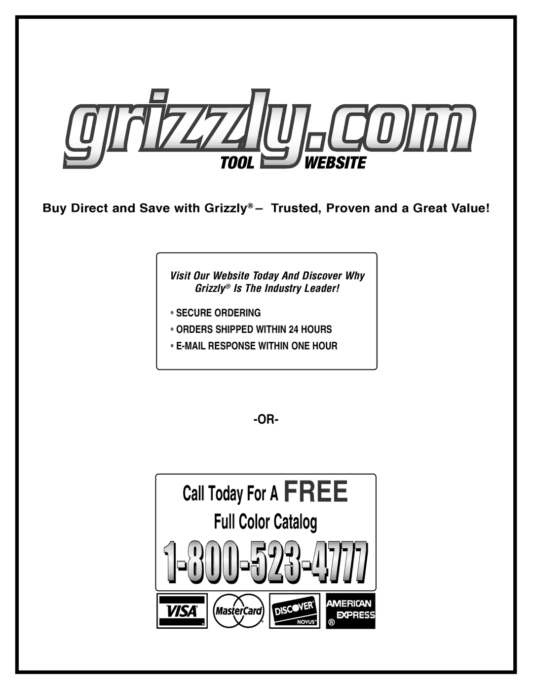 Grizzly G9955 instruction manual Call Today For a Free Full Color Catalog, Tool Website 