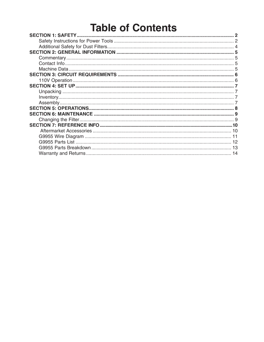 Grizzly G9955 instruction manual Table of Contents 