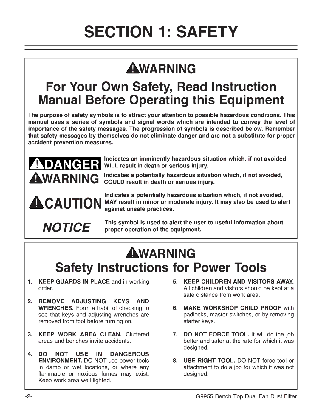 Grizzly G9955 instruction manual Safety Instructions for Power Tools 