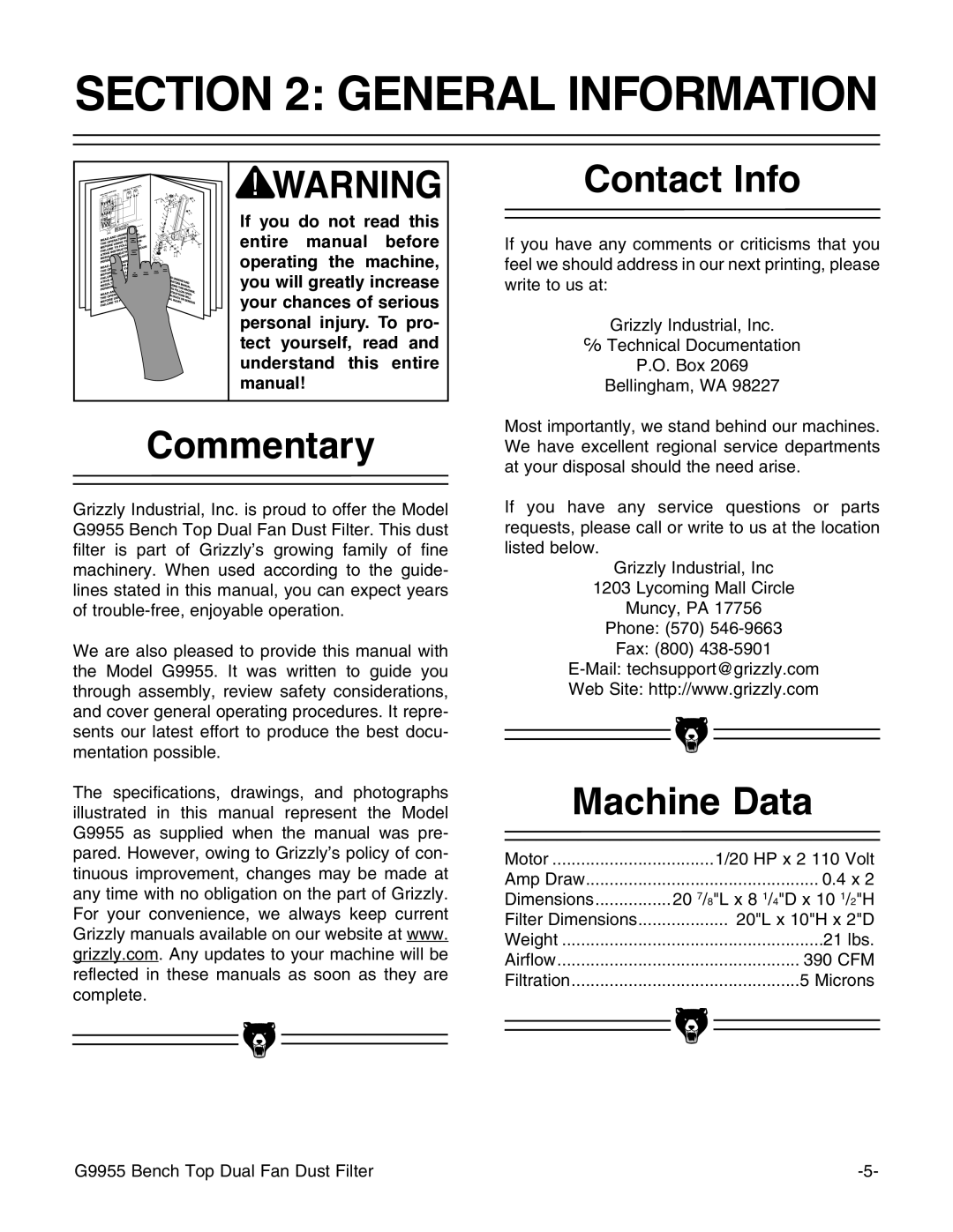 Grizzly G9955 instruction manual General Information, Commentary, Contact Info, Machine Data 