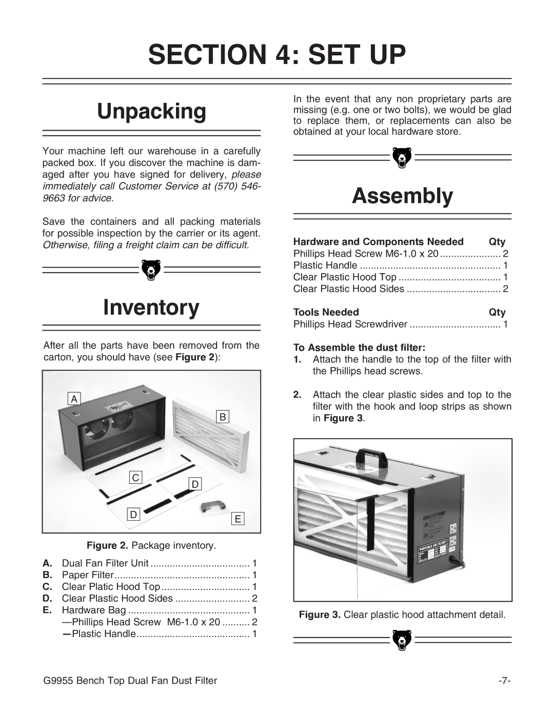 Grizzly G9955 instruction manual Set Up, Unpacking, Inventory, Assembly 